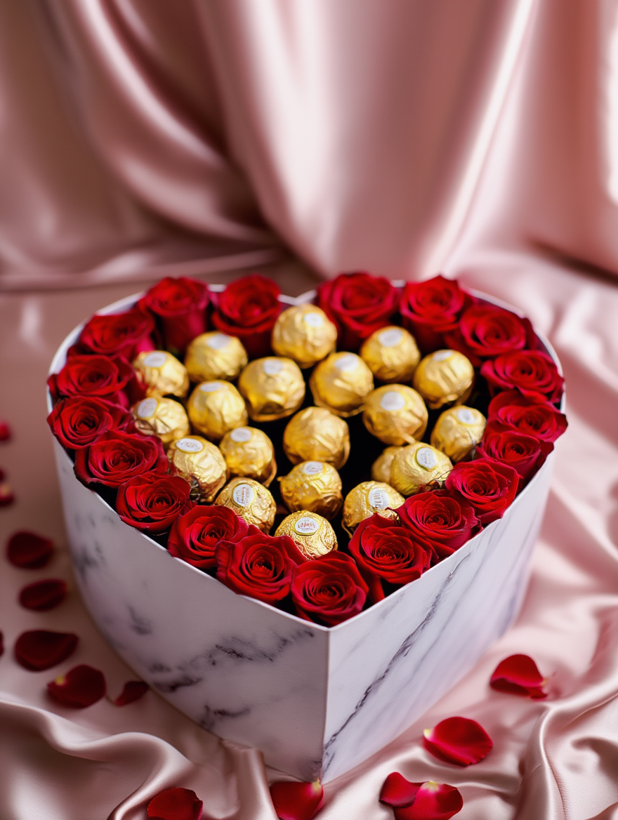 Presentbox i hjärtform med röda rosor och Ferrero Rocher