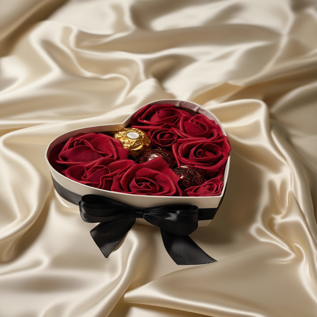 Hjärtformad Presentlåda med Sidenrosor &amp; Ferrero Rocher