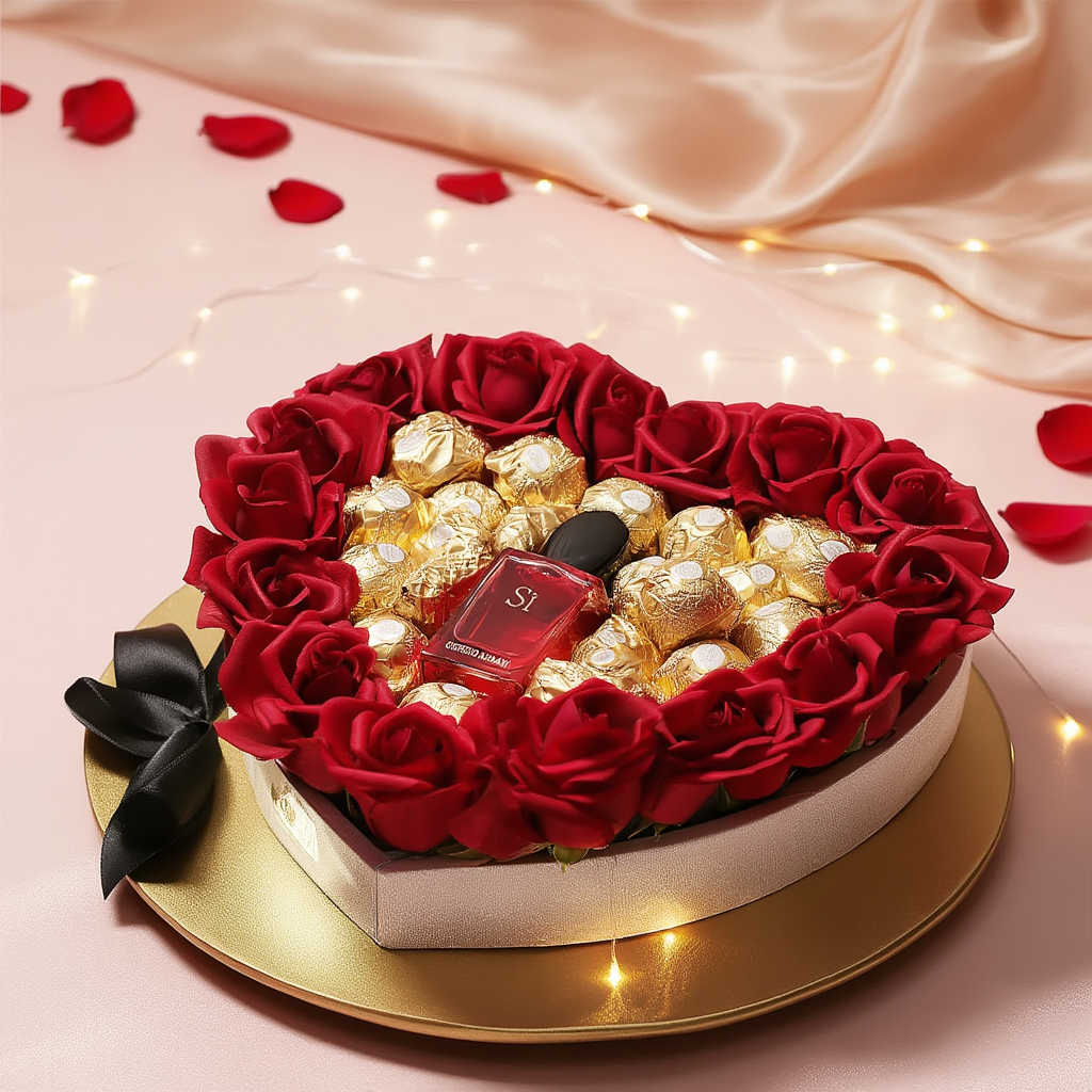 Rosbox med Giorgio Armani Sì Intense Eau De Parfum 30 ml och Ferrero Rocher-choklad