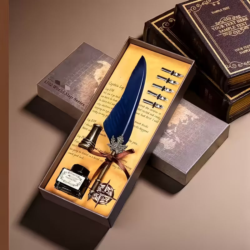 Vintage Fjäderpenna Skrivset – Lyxig Presentbox