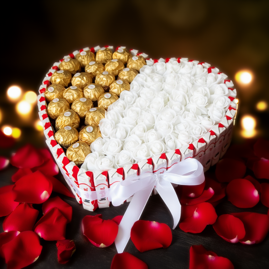Presentbox med vita rosor, Ferrero Rocher & Kinderchoklad