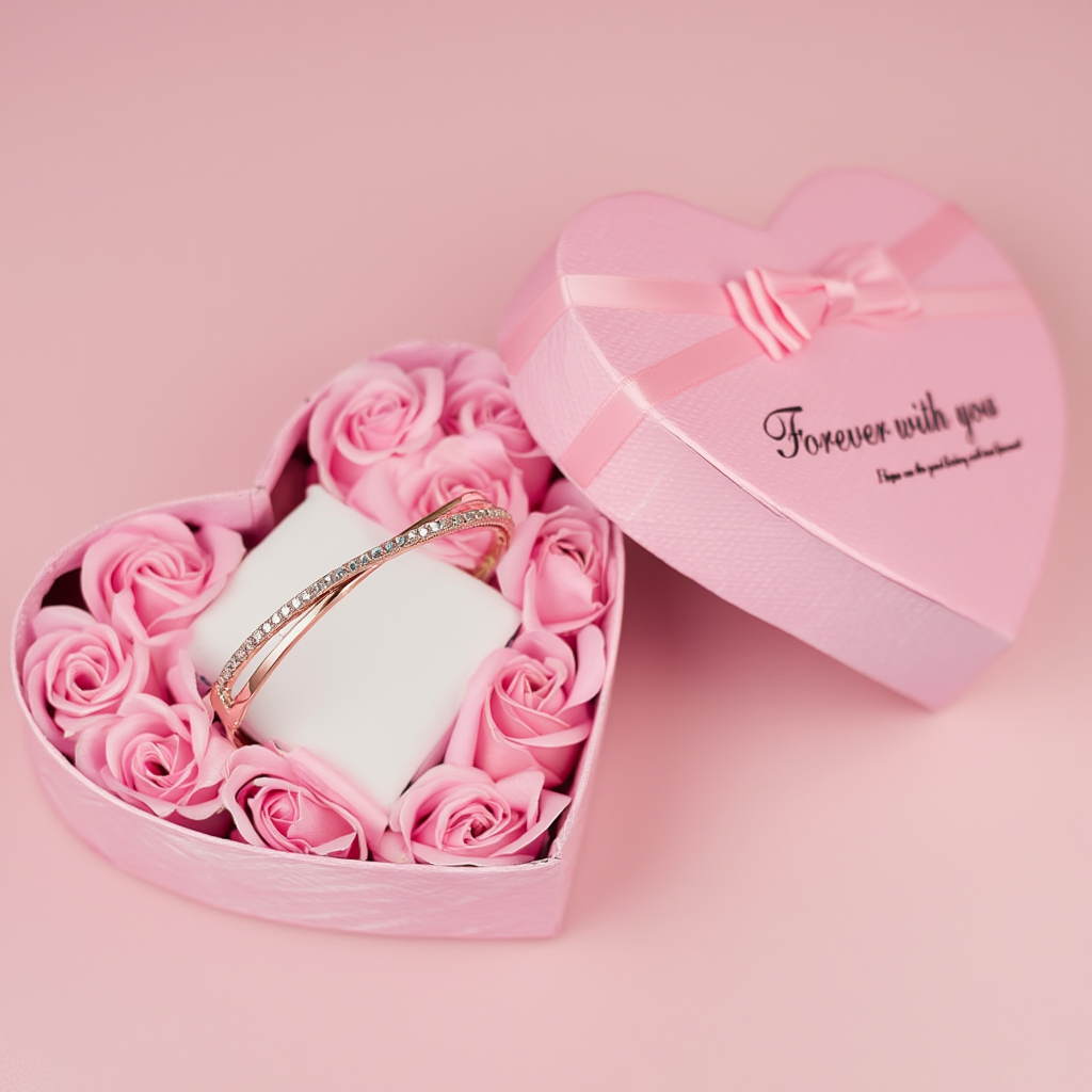 Presentlåda med Criss-armband i roséguld och kristaller – Hjärtbox med rosor