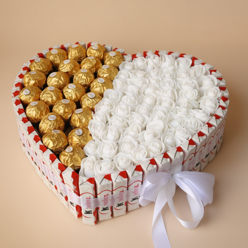 Hjärtformad presentbox med vita rosor, Ferrero Rocher & Kinderchoklad