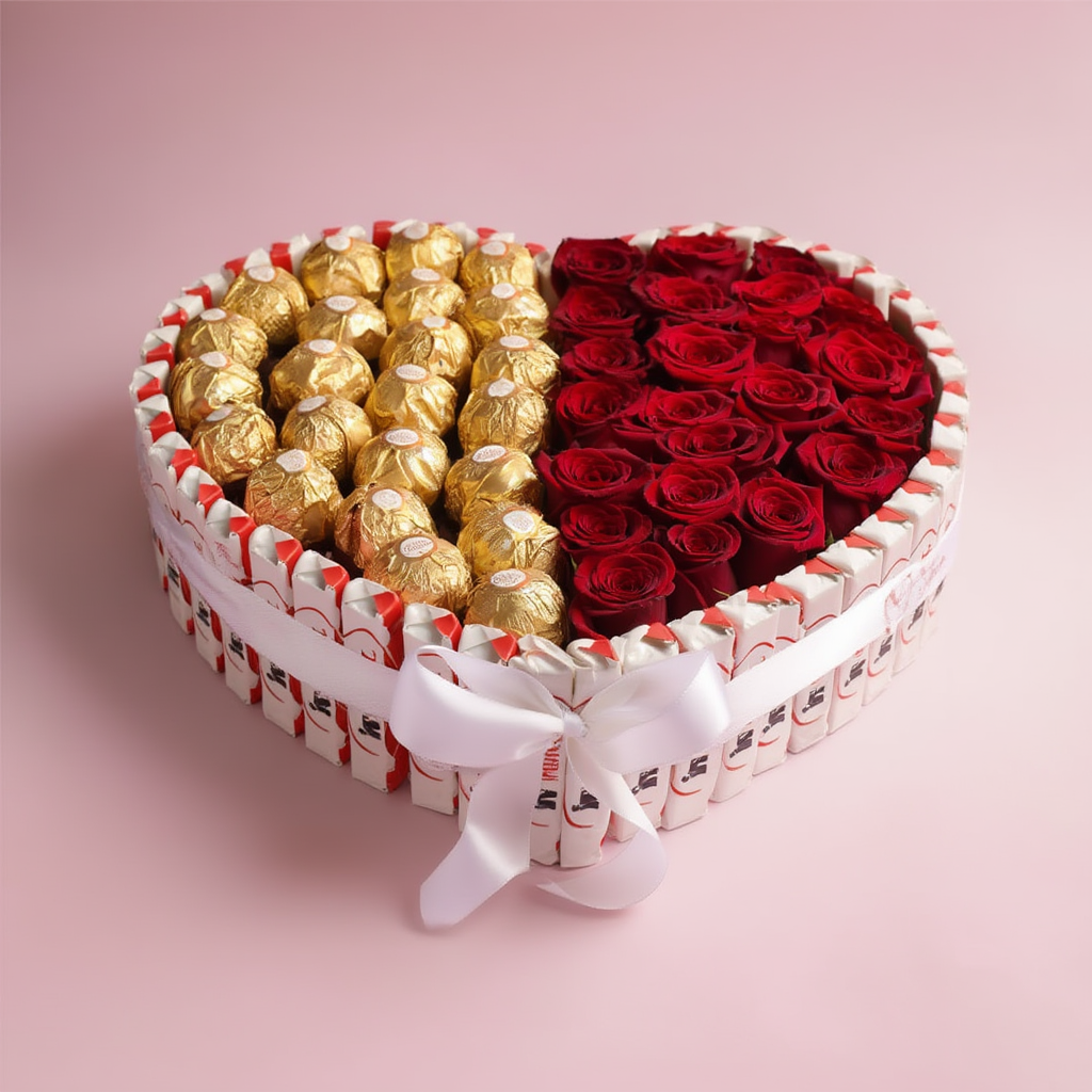 Hjärtformad presentbox med röda rosor, Ferrero Rocher & Kinderchoklad