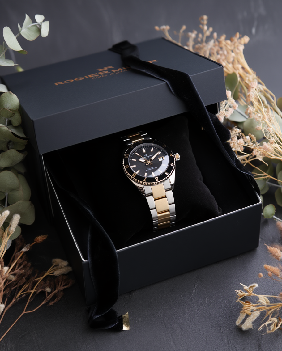 Elegant presentpaket: herrklocka med svart urtavla och silver- & guldarmband