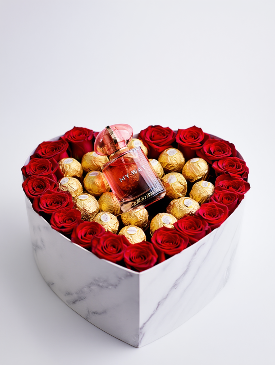 Presentbox med Giorgio Armani My Way Ylang Eau De Parfum, rosor och Ferrero Rocher