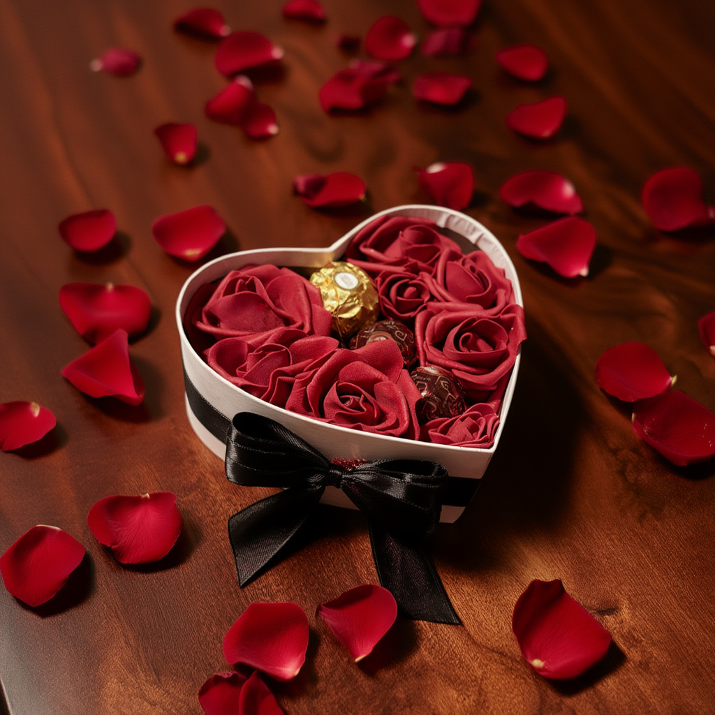 Hjärtformad Presentlåda med Sidenrosor &amp; Ferrero Rocher