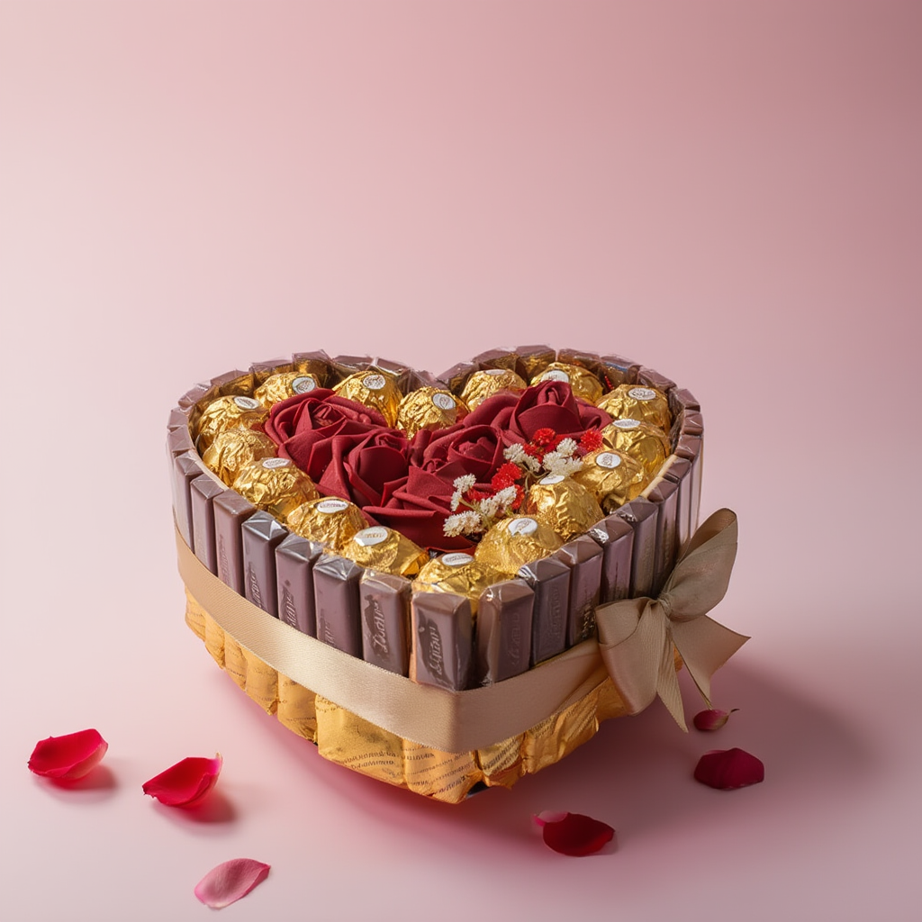 Hjärtformad Chokladbukett med Merci, Ferrero Rocher & Röda Rosor