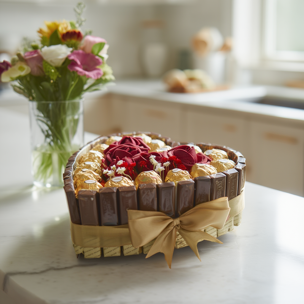 Hjärtformad Chokladbukett med Merci, Ferrero Rocher & Röda Rosor